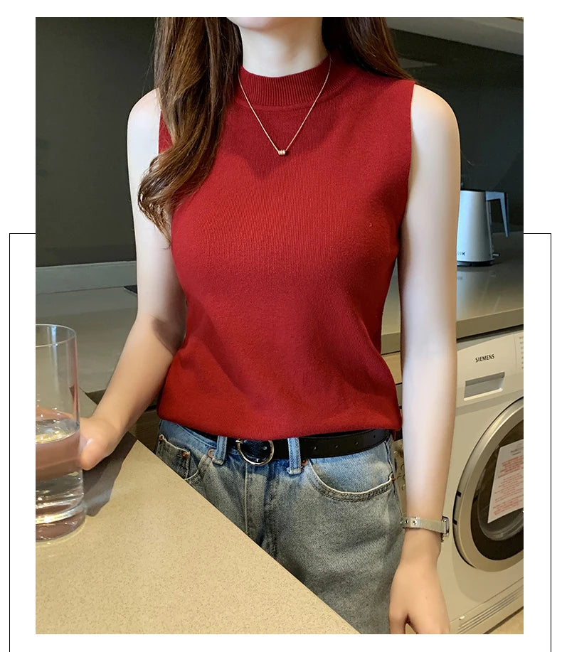 Women's T-Shirts Spring Summer Women Knitted Tank Sleeveless Shirts Tops Female High Elastic Slim Casual Knit T-Shirts Crop Tops