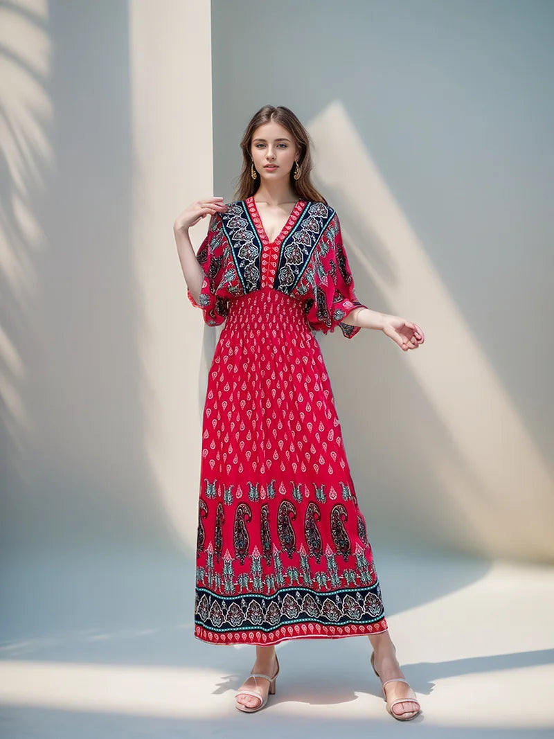 V-neck Short Sleeve Maxi Dress Women Dresses Summer Spring Fashion Female Vintage Print Floral Poplin Boho Beach Dresses Vestido