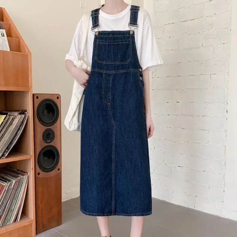 Spring Summer Denim Overall Dress Women Solid Casual Loose Spaghetti Strap Dresses Fashion Female Girls Sleeveless Jeans Dresses