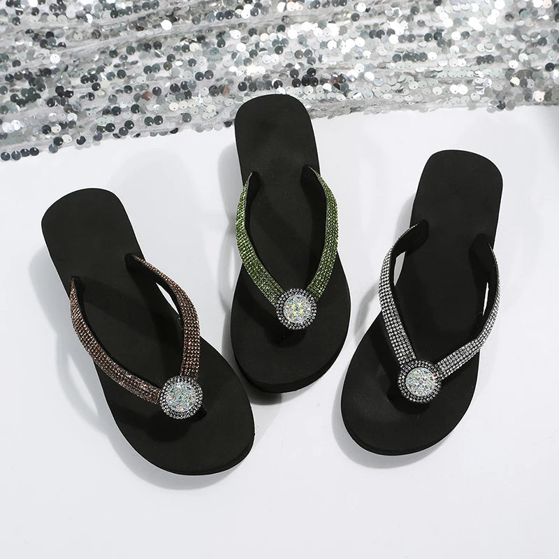 Clip Toe Wedge Heels Slippers Women 2024 Summer Shiny Crystal Platform Sandals Woman Plus Size 42 Light Outdoor Flip-Flops Slide