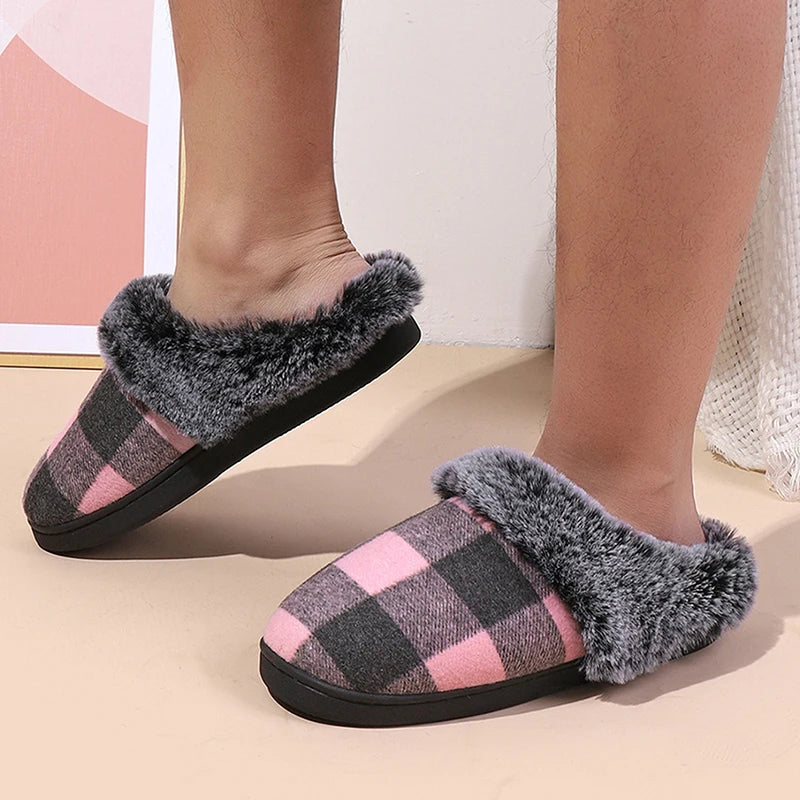 Plaid Thicken Plush Fur Slippers Women 2024 Winter Closed Toe Couple Home Slippers Woman Comfort Soft Sole House Shoes Slides