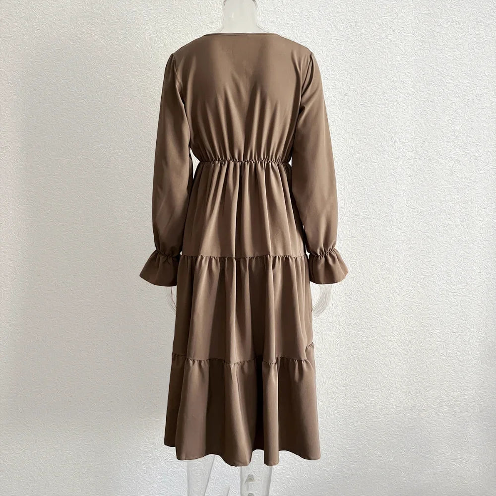 Spring Autumn Sweetheart Neck Women Dresses Office Ladies Chiffon Midi Dresses Mujer Vestidos Puff Long Sleeve A-line Dresses