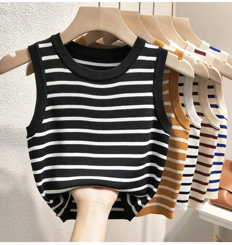 Summer Spring Striped Tank Tops Women Sleeveless Knitted T-Shirts Crop Tops Female Elastic Slim Casual Vests Pullover Camis