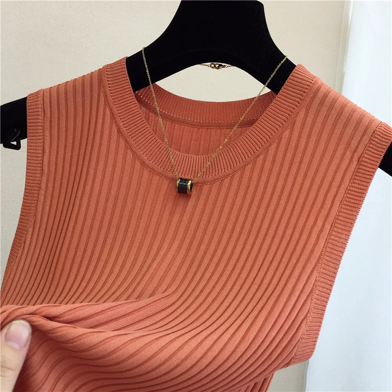 Summer Spring Tanks Top Women Sleeveless Knitted T-Shirts Female Elastic Slim Casual Vests Crop Tops Camis Pullover Shirts