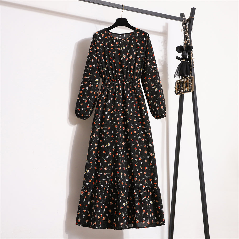 Autumn Spring Chiffon Dresses Fashion Female Full Sleeve Vintage Printed Floral Casual Long Dress Women Maxi Dresses Vestidoes