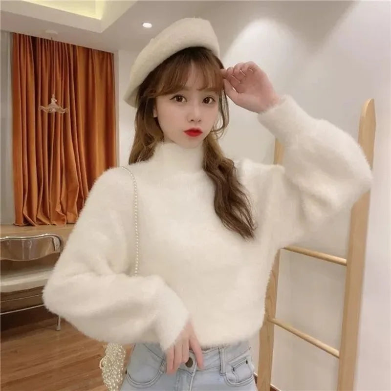 Autumn Winter Women Sweaters Fashion Female Long Sleeve Mock Neck Pullover Knitting Shirts Casual Mohair Knitted Sweater