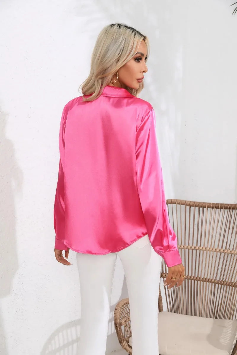 2024 Spring Summer Women Shirts Office Lady Woman Long Sleeve Satin Turn-down Collar Blouse with Single Breasted Female Blouses