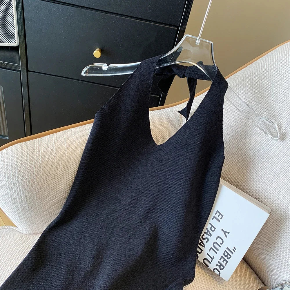 Summer Autumn Sleeveless Sweater Dress Women Mini Dresses Fashion Female Elastic Skinny Sexy Neck-mounted Knitted Dress Camisole