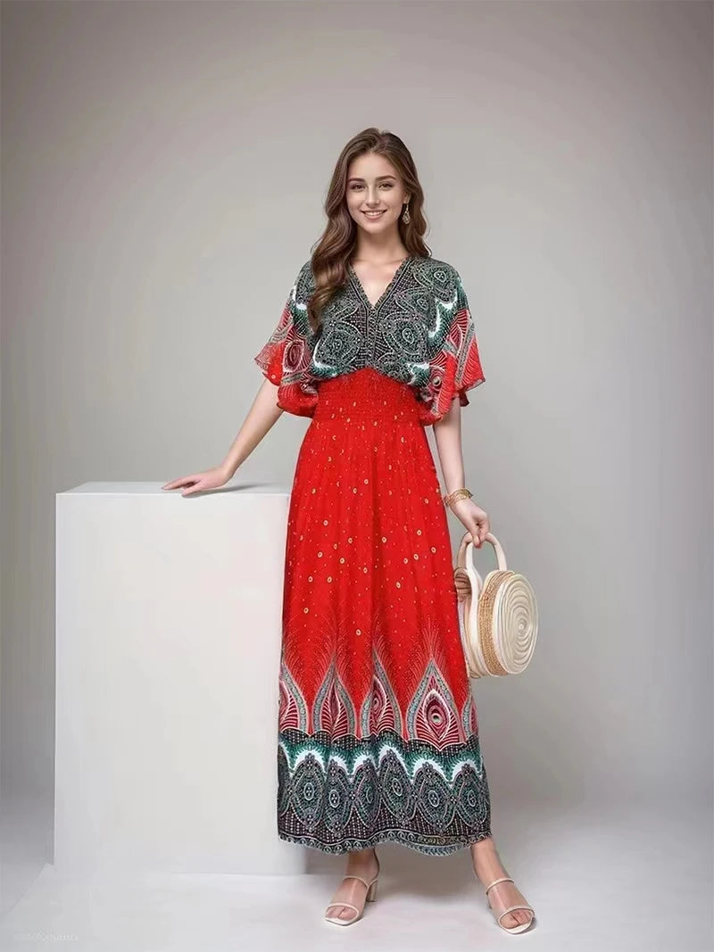 Summer Spring Short Sleeve Maxi Dress Women Dresses V-neck Fashion Female Vintage Print Floral Poplin Bohemian Beach Dresses