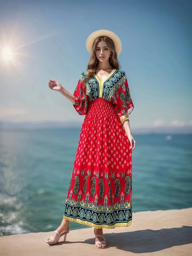 Summer Spring Short Sleeve Maxi Dress Women Dresses V-neck Fashion Female Vintage Print Floral Poplin Bohemian Beach Dresses