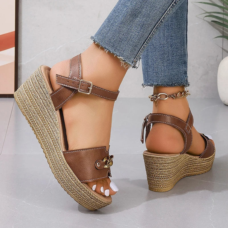 Golded Chain Decor Wedge Heels Sandals Women Ankle Buckle Strap Chunky Platform Sandals Woman Thick Bottom Comfort Summer Shoes