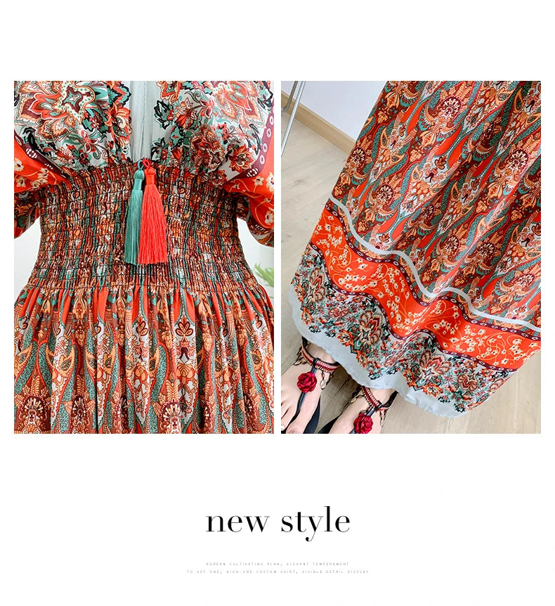 Print Floral Short Sleeve Maxi Dress Women Dresses Summer Spring V-neck Fashion Female Vintage Poplin Bohemian Beach Dresses