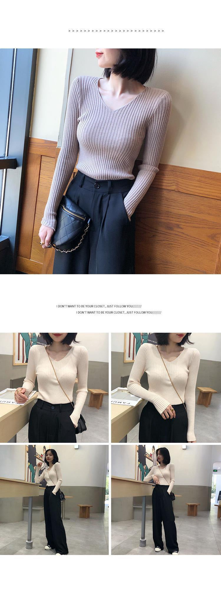 Autumn Fashion Female Long Sleeve V-neck Skinny Elastic Casual Sweater Women Knitted Shirts Pullover Top Women's Sweaters