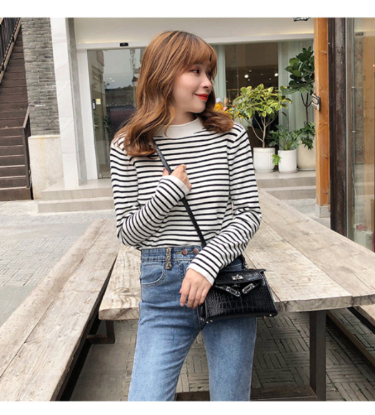 Autumn Winter Women Mock neck Sweaters Pullover Tops Fashion Female Skinny Elastic Long Sleeve Casual Striped Knitted Shirts