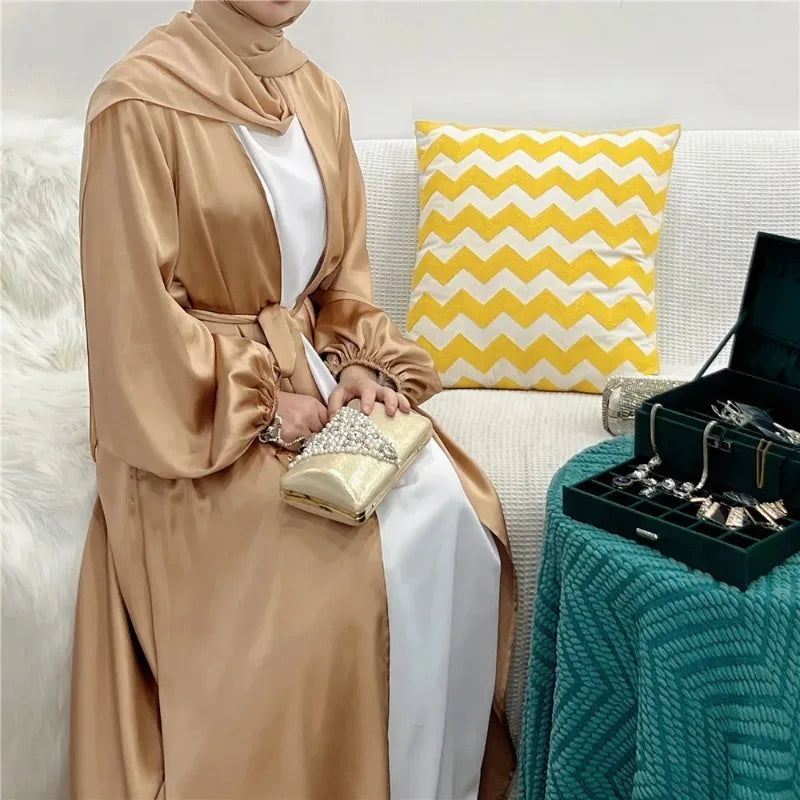 Women Abayas Muslim Kaftan Puff Sleeves Lace-up Maxi Length Ramadan Dresses Jilbabs Open Front  Abayas Outwear Cardigan Coats