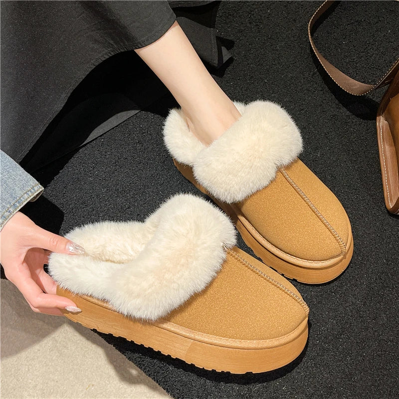 Women's new fur slippers for outdoor wear, 2024 winter short tube snow boots, thick soled warm cotton slippers