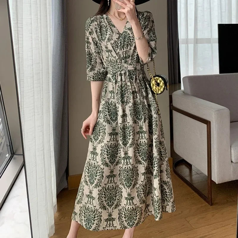 Spring Summer Printed Floral Dress Women Casual Dresses Fashion Female Vestidos Short Sleeve Vintage V-neck A-line Dresses