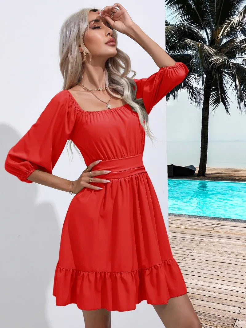 Summer Women Dresses Square Collar Bohemian RUFFLES Elastic Waist Above Knee Mini Dress Short Sleeves Pullover Mujer Vestidos