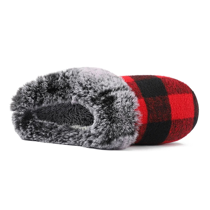 Plaid Thicken Plush Fur Slippers Women 2024 Winter Closed Toe Couple Home Slippers Woman Comfort Soft Sole House Shoes Slides