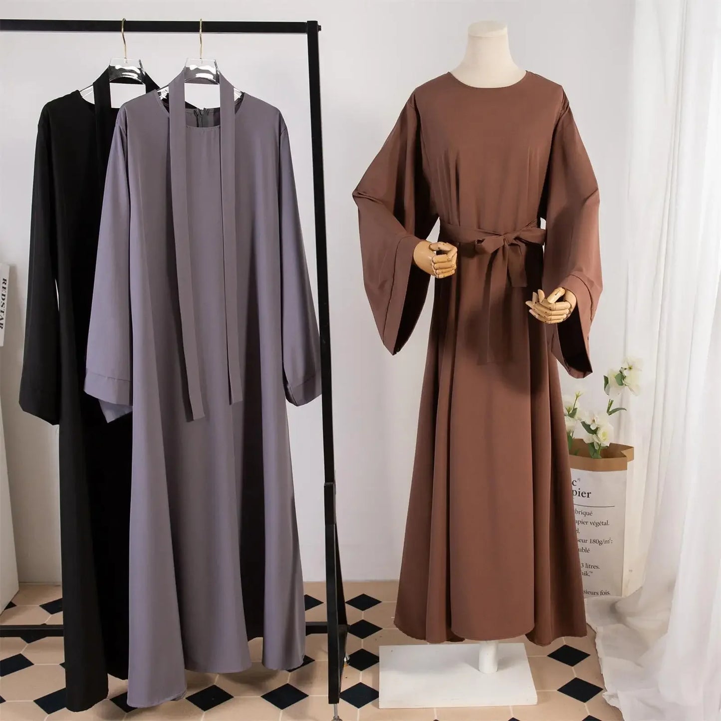 Muslim Abayas With Belt Loose Kaftans Prayer Dress Full Sleeve Islamic Clothing Women Jilbabs Dubai Robe Lace Up Long Dresses