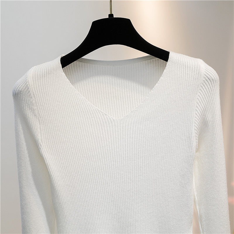 Women Knitted Shirts Fashion Female Autumn Winter Long Sleeve V-neck Skinny Elastic Casual Thin Sweater Pullover Tops Knitwear