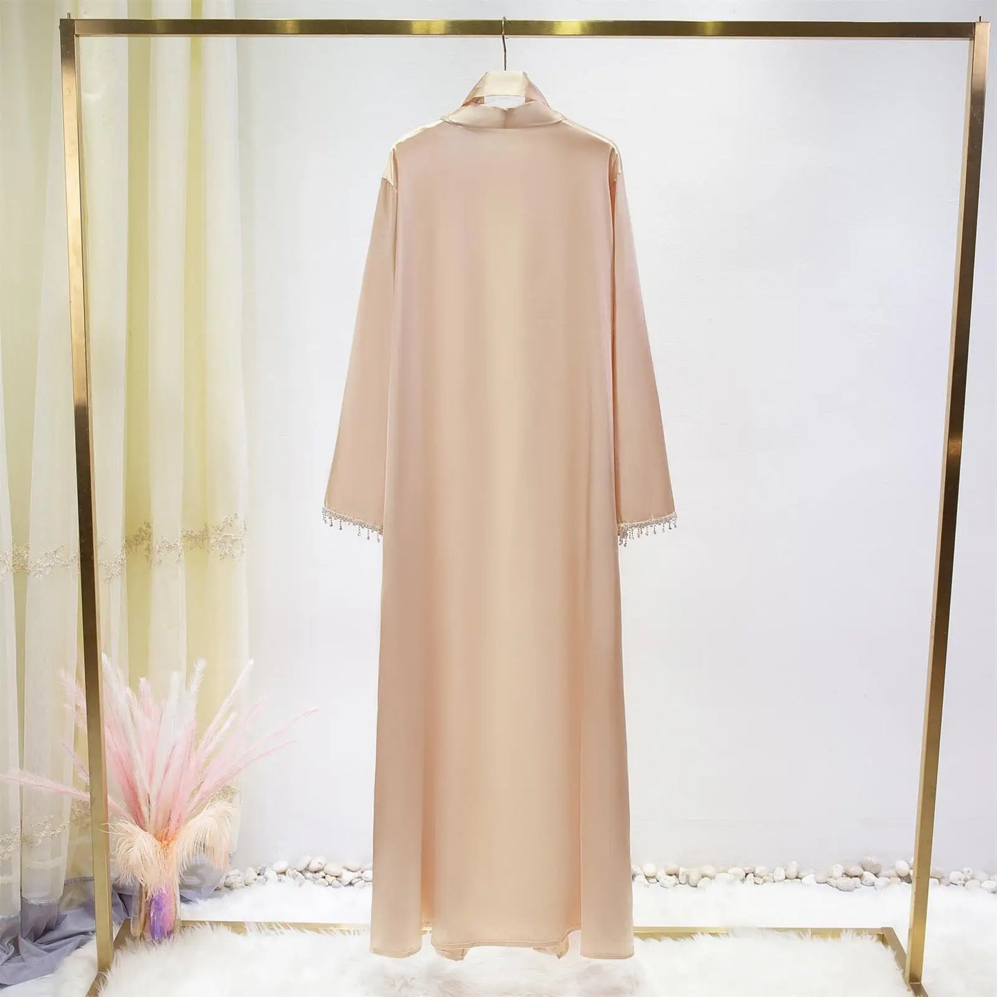 1pc Satin Long Robe Wrap With Delicate Crystal Decorated Sleeves, Enhancing Your Look And Perfect For Any Occasion