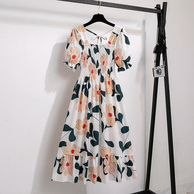 Spring Summer Chiffon Dresses Fashion Female Elastic Waist Short Sleeve Pleated Casual Dress Women A-line Dresses Vestidos