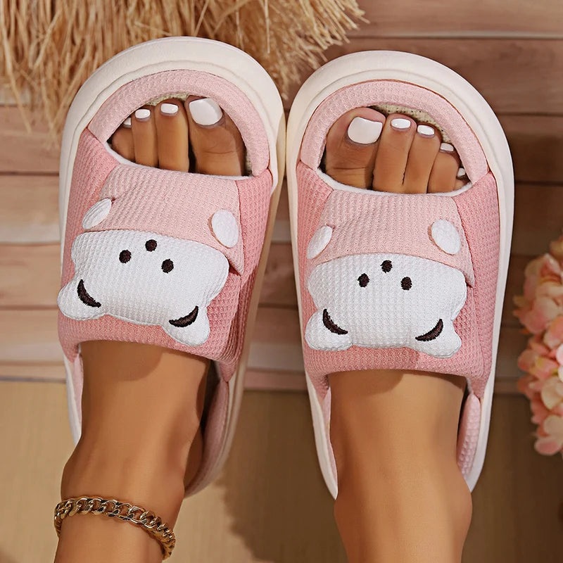 Cute Cartoon Bear Home Slippers Women 2024 Winter Comfort Soft Sole Linen Slippers Woman Non Slip Flat Heels House Shoes Slides