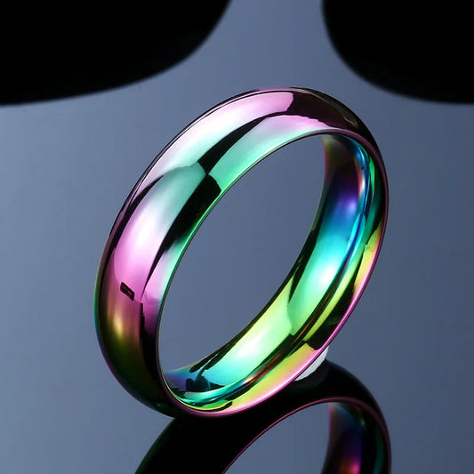 6mm Rainbow Colorful Smooth Surface Rings for Women Trendy Cute Stainless Steel Wedding Bands Jewelry