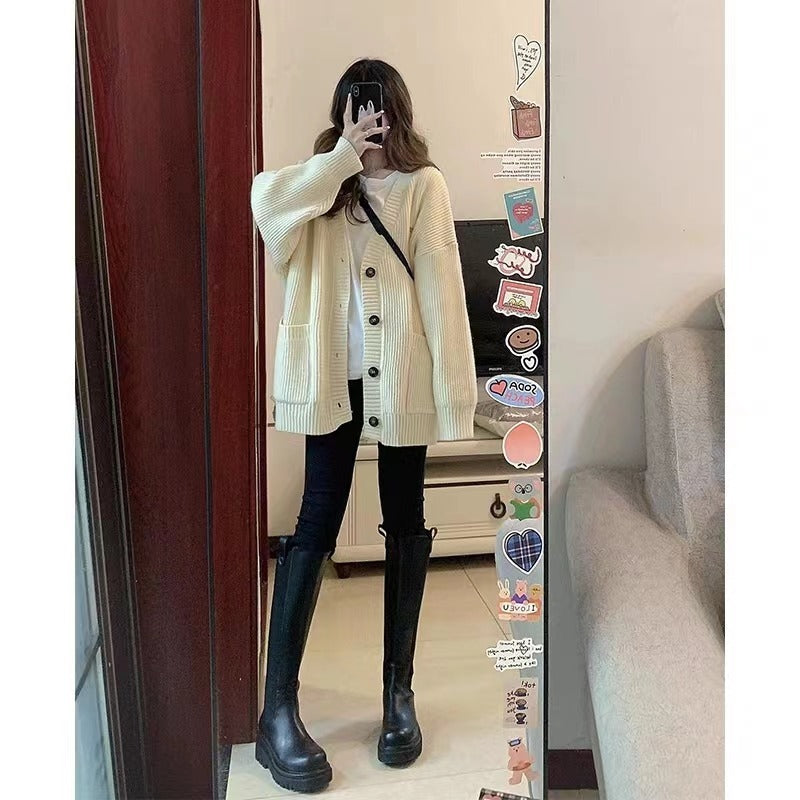 Autumn Winter Women Cardigan Sweater Coats Fashion Female Long Sleeve V-neck Loose Knitted Jackets Casual Sweater Cardigans