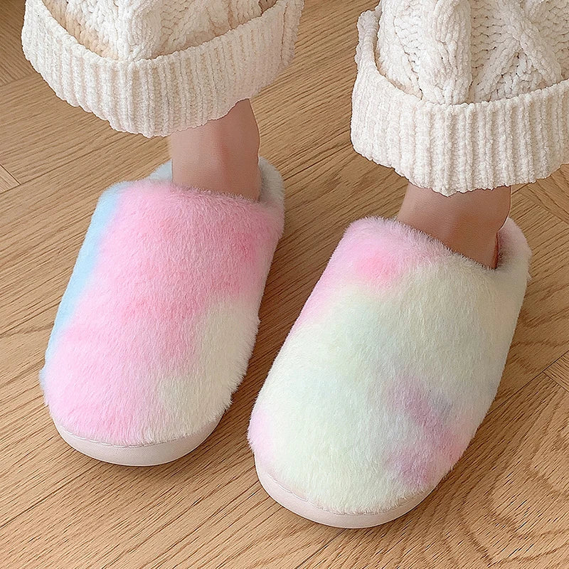 Tie Dye Fluffy Fur Slippers for Women 2024 Winter Closed Toe House Home Slippers Woman Non Slip Flat Heels Indoor Cotton Shoes