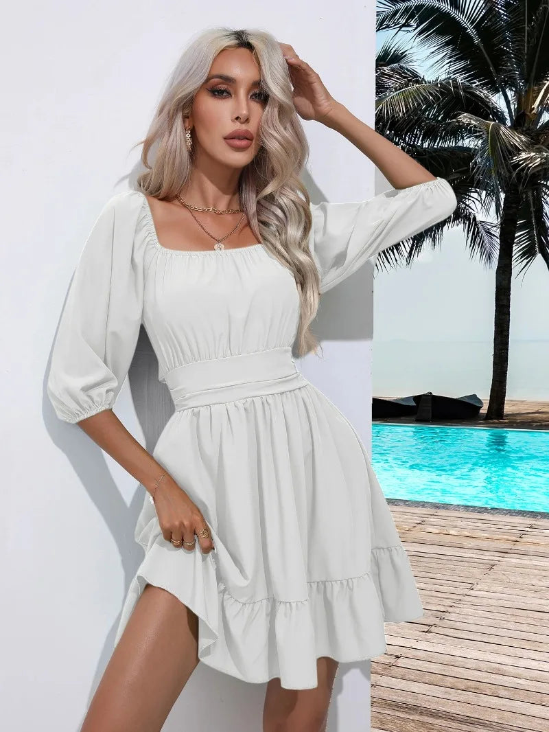 Summer Women Dresses Square Collar Bohemian RUFFLES Elastic Waist Above Knee Mini Dress Short Sleeves Pullover Mujer Vestidos