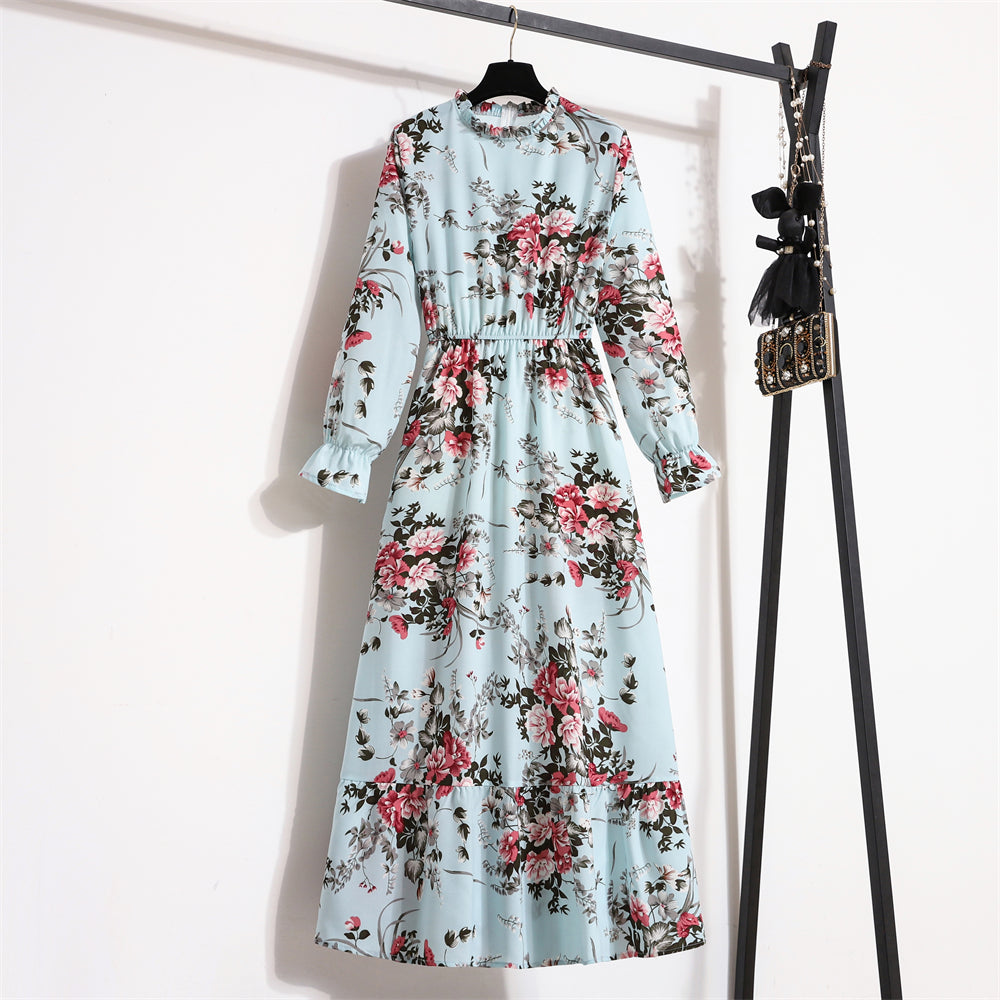 Autumn Spring Vestidoes Woman Chiffon Dresses Full Sleeve Vintage Printed Floral Zipper Casual Long Dress Women Maxi Dresses