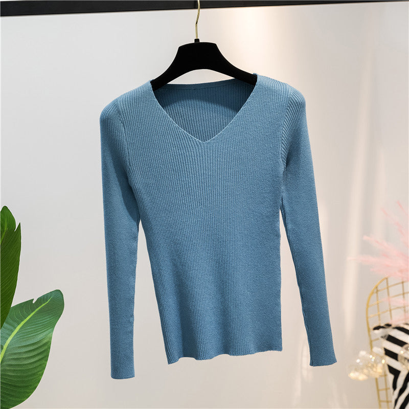 Women Knitted Shirts Fashion Female Autumn Winter Long Sleeve V-neck Skinny Elastic Casual Thin Sweater Pullover Tops Knitwear