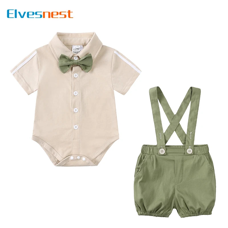 England Style Baby Boys Outfit Set Summer Clothes for Boys Cotton Short Sleeve Romper Strap Shorts Newborn Clothing 3-24 Months