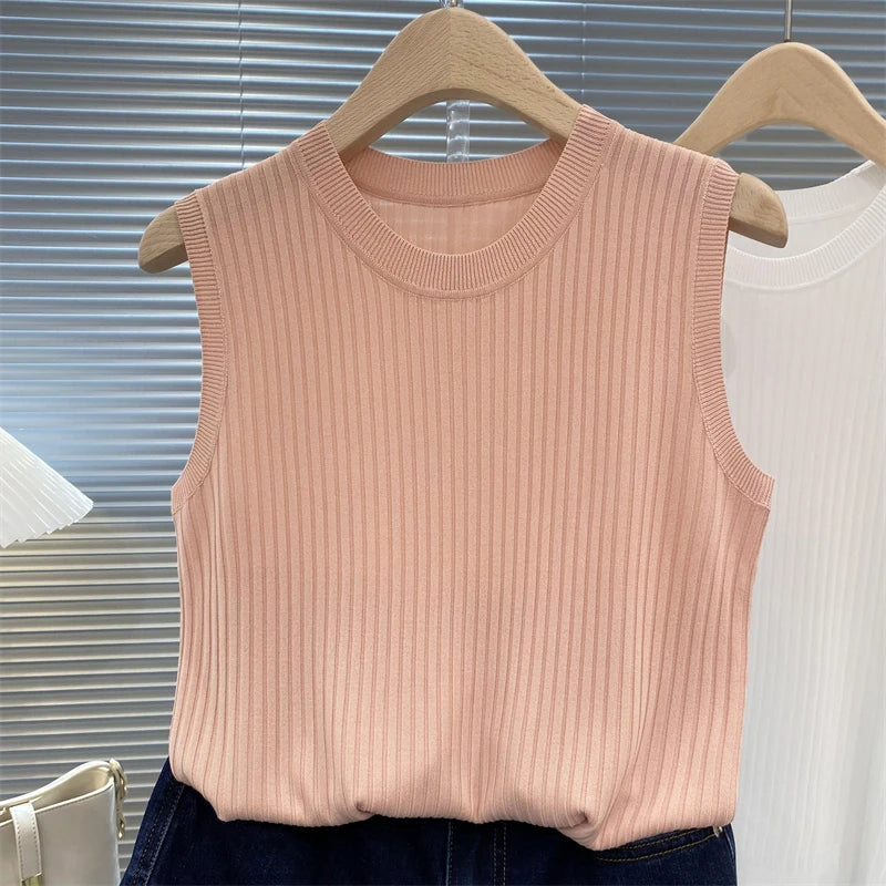 Summer Spring Tanks Top Women Sleeveless Knitted T-Shirts Female Elastic Slim Casual Vests Crop Tops Camis Pullover Shirts