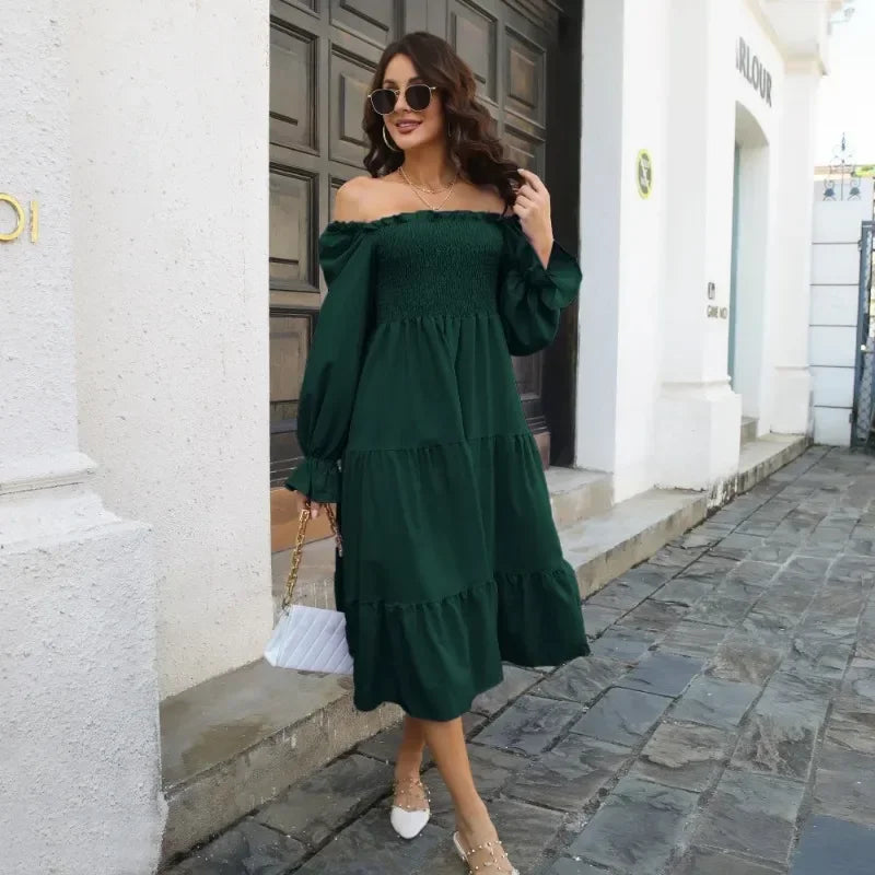 Spring Autumn Pleated Square Neck Women Dresses Vintage Loose Puff Long Sleeve Woman Dress Solid Ruffle Loose Mujer Vestidos