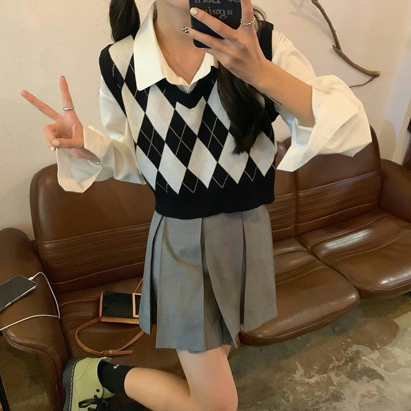 Autumn Fashion Female Vintage Plaid Sweater Vests Women's Tank Tops Knitted Crop Top Women Sleeveless Knitted Vest Waistcoat