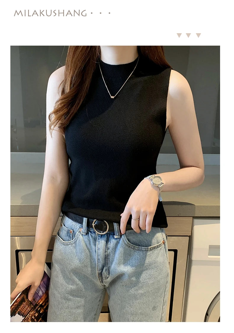 Women's T-Shirts Spring Summer Women Knitted Tank Sleeveless Shirts Tops Female High Elastic Slim Casual Knit T-Shirts Crop Tops