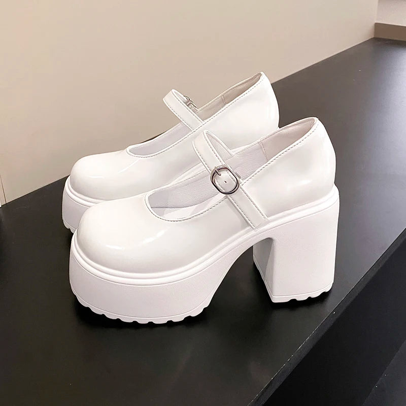 Chunky Platform High Heels Pumps Women 2023 Autumn Pu Leather Ankle Buckle Mary Jane Shoes Woman Thick Heeled White Lolita Shoes