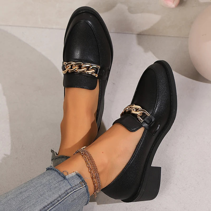 Metal Chain Black High Heels Loafers Woman 2024 Autumn Retro Pu Leather Thick Heel Pumps Woman Slip On Pointed Toe Casual Shoes