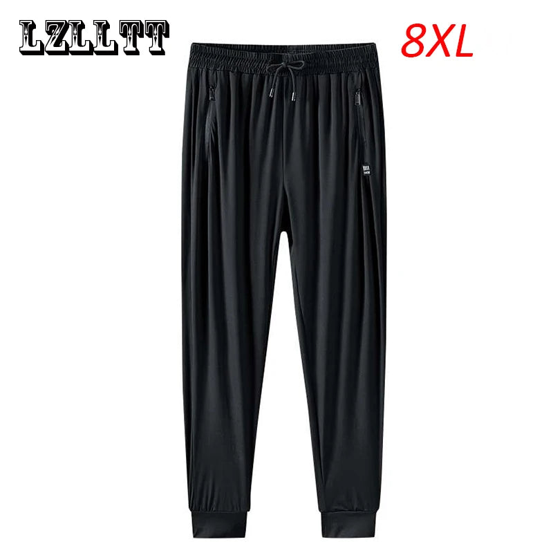 Summer Men Cool Ice Breathable Black Pants Joggers Sweatpants Mens Casual Fitness Loose Long Pant Men Trousers Male Big Size 8XL