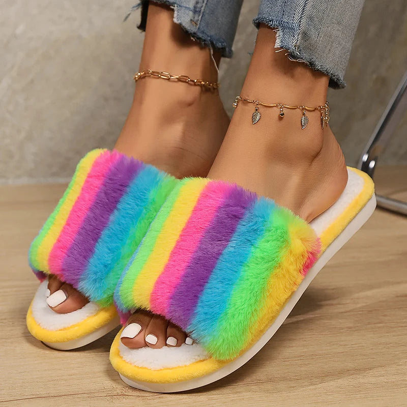 Colorful Fluffy Fur Slippers Women 2024 Winter Warm Flat Heels Home Cotton Slippers Woman Non Slip Indoor House Shoes Slides