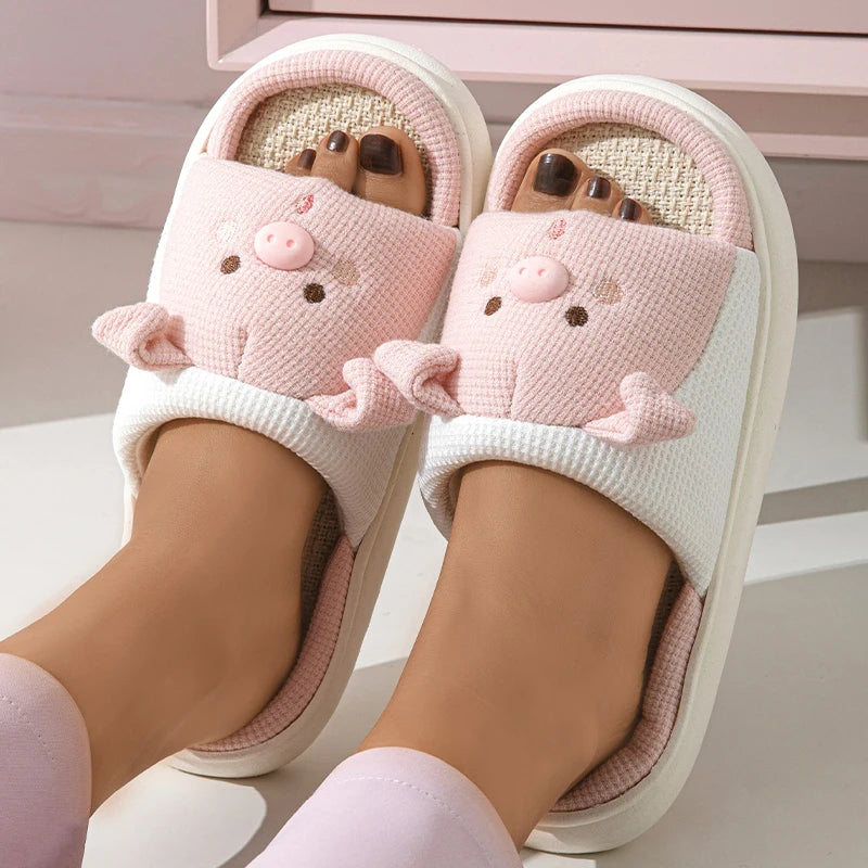 Cute Cartoon Pig Linen Slippers Women 2024 Winter Comfort Soft Sole Funny Cotton Slippers Woman Non Slip Flat Heels House Shoes