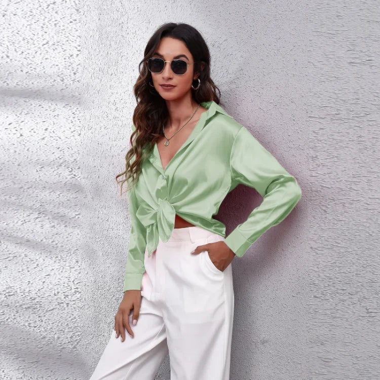 Spring Summer Long Sleeve Women's Silk Shirt Office Ladies Stain Blouses Solid Turn-down Collar Single Breasted Woman Shirts