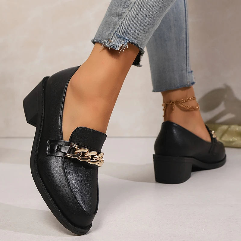 Metal Chain Black High Heels Loafers Woman 2024 Autumn Retro Pu Leather Thick Heel Pumps Woman Slip On Pointed Toe Casual Shoes