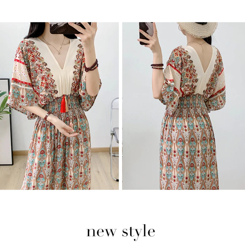 Print Floral Short Sleeve Maxi Dress Women Dresses Summer Spring V-neck Fashion Female Vintage Poplin Bohemian Beach Dresses