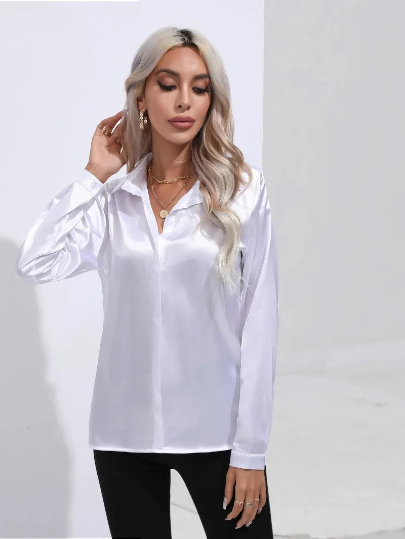 Women's Shirt with Single Breasted Long Sleeve Shirts Spring Summer Silk Shirt Office Lady Satin Turn-down Collar Casual Blouses