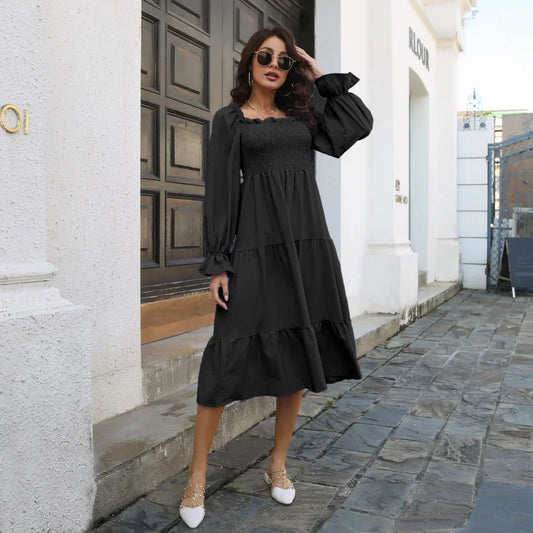 Spring Autumn Pleated Square Neck Women Dresses Vintage Loose Puff Long Sleeve Woman Dress Solid Ruffle Loose Mujer Vestidos