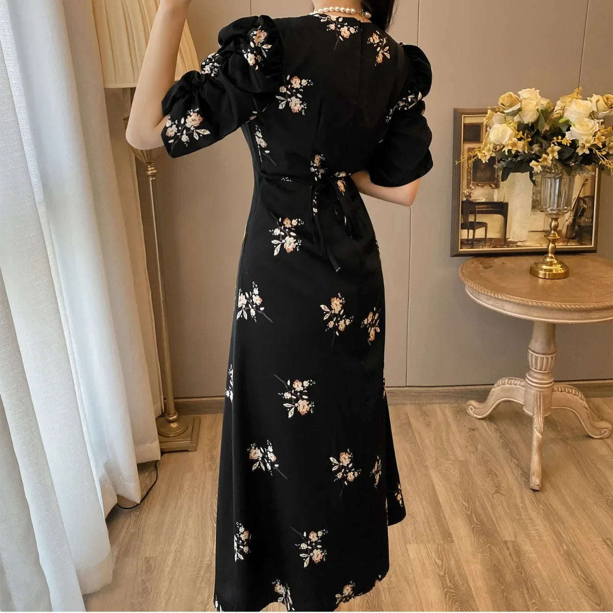 Spring Summer Chiffon Dress Women Casual Dresses Fashion Female Printed Floral V-neck Short Sleeve A-line Dresses Vestidos